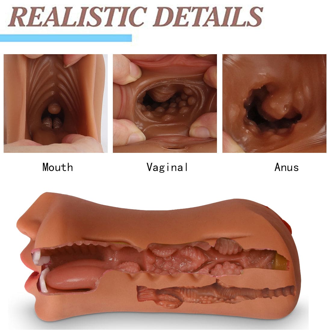 Realistic 3-in-1 Vagina Anal Handheld Pussy Male Masturbator 3D Dolls Sex Toys - secretera