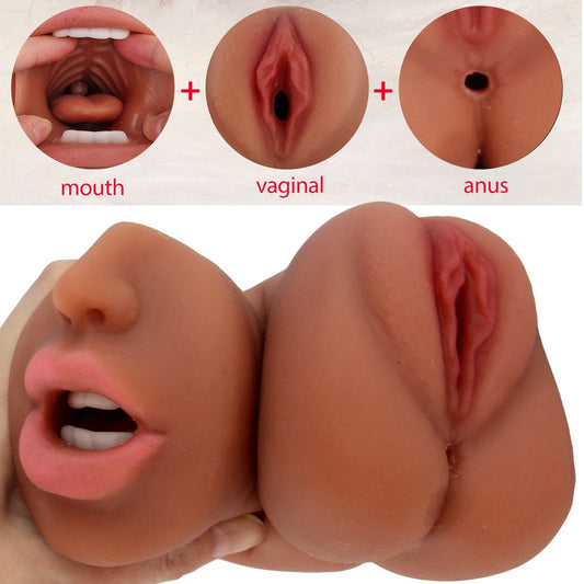 Realistic 3-in-1 Vagina Anal Handheld Pussy Male Masturbator 3D Dolls Sex Toys - secretera