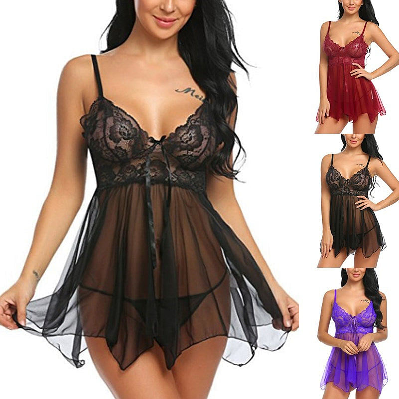 Sexy Lingerie Women Silk Lace Robe Dress Panties Babydoll Nightdress Nightgown Sleepwear 2 pcs set Lingerie Ladies Sexy - Yourlovelychoices