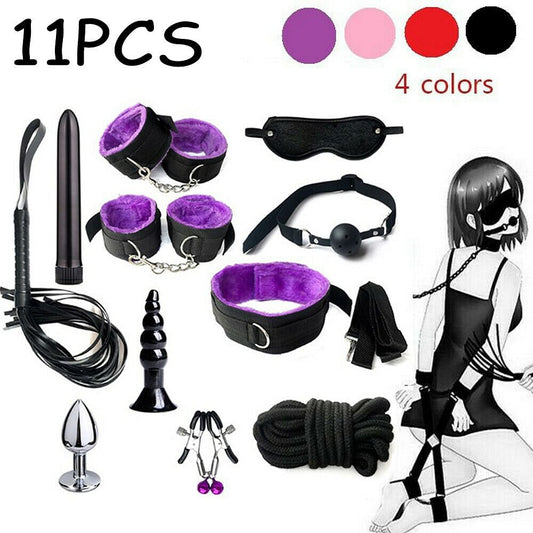 11PCS Unisex SM Sex Toys Handcuffs Strap Whip Rope Restraints Kit Fetish Game - Yourlovelychoices